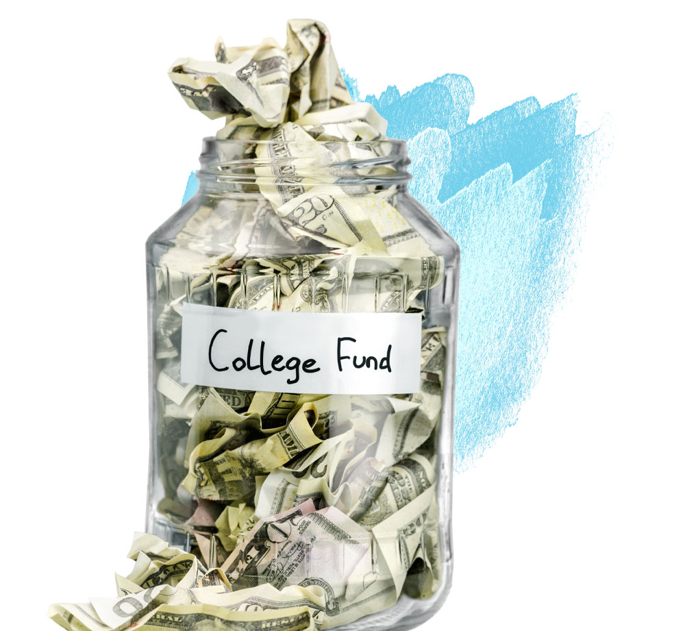 Glass jar filled with crumpled U.S. dollar bills and labeled “College Fund.” Some bills spill out from the top and bottom. A blue watercolor background appears behind the jar.